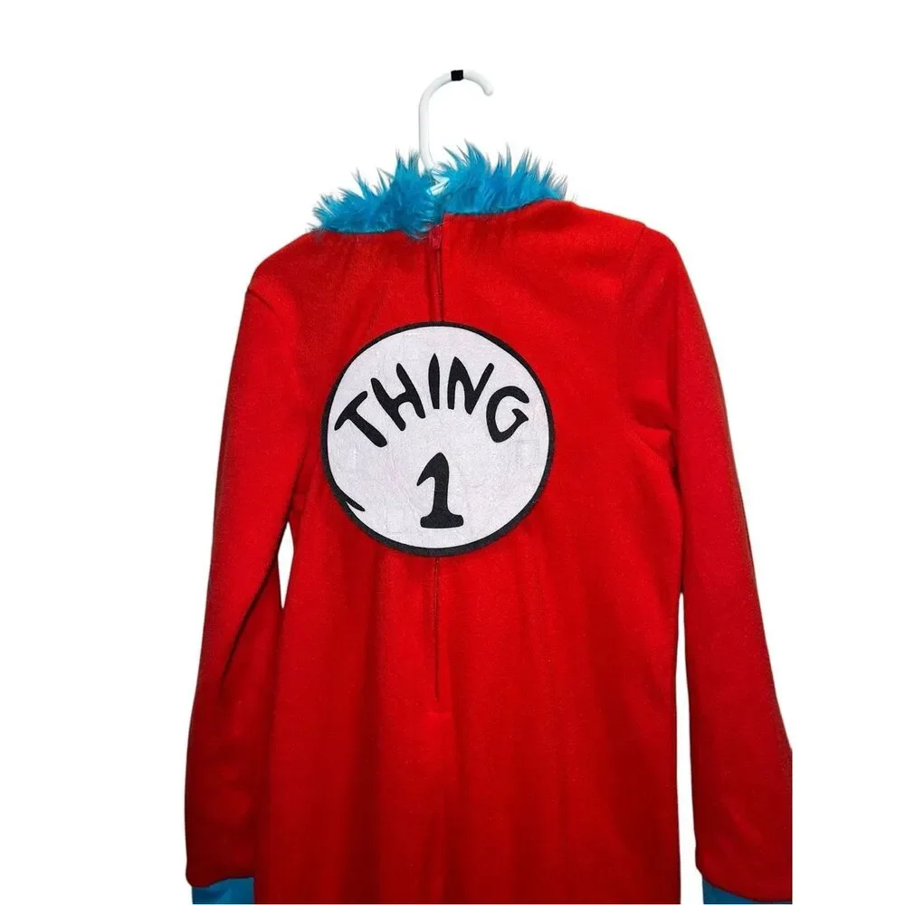 Dr. Seuss Thing 1 Kids Hooded Costume One Piece Plush Fleece Pajamas Red Blue